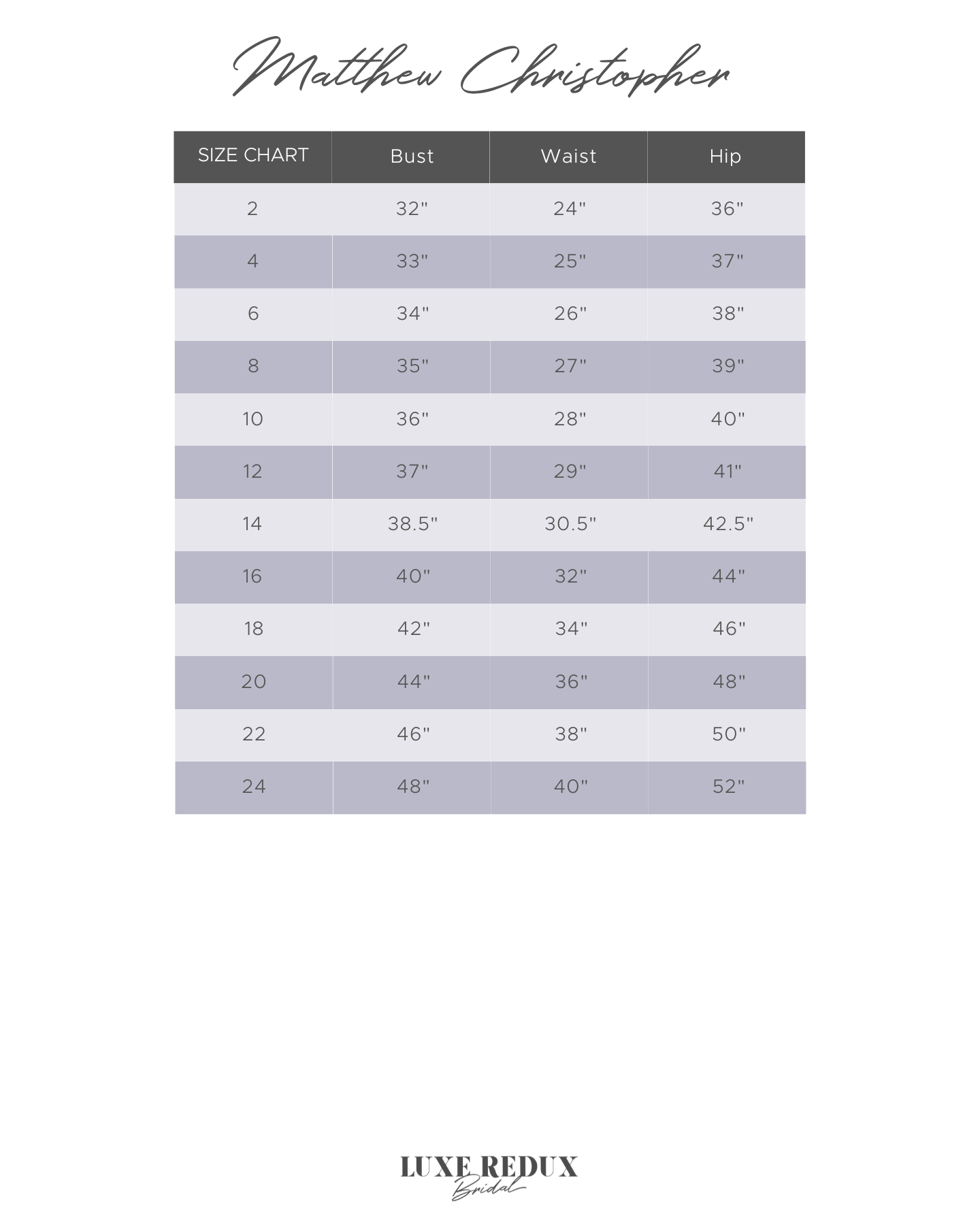 Matthew Christopher Blakeleigh - Size 12 Size Chart