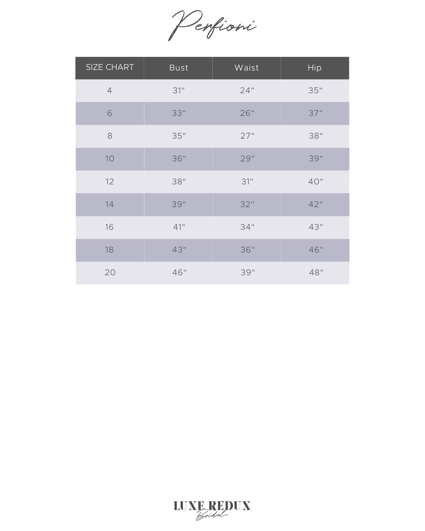 Perfioni Amira - Size 10 Size Chart