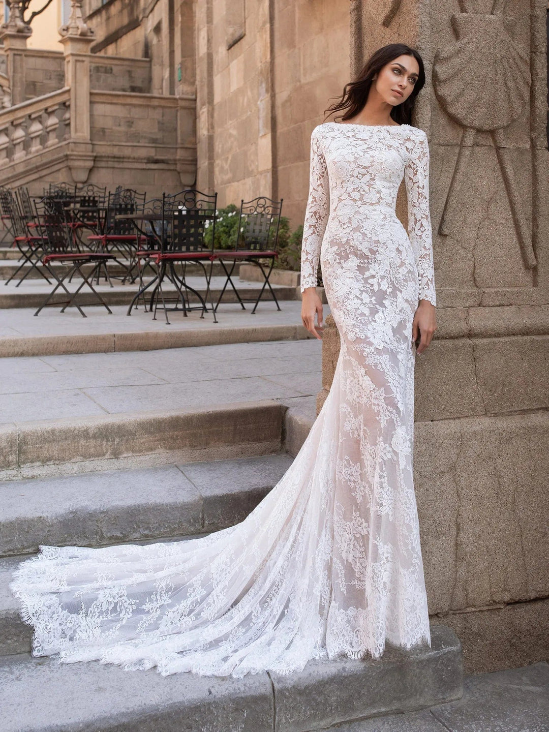 pronovias long sleeve lace dress GREQUE | Princess lace & tulle bridal gown with long sleeves
