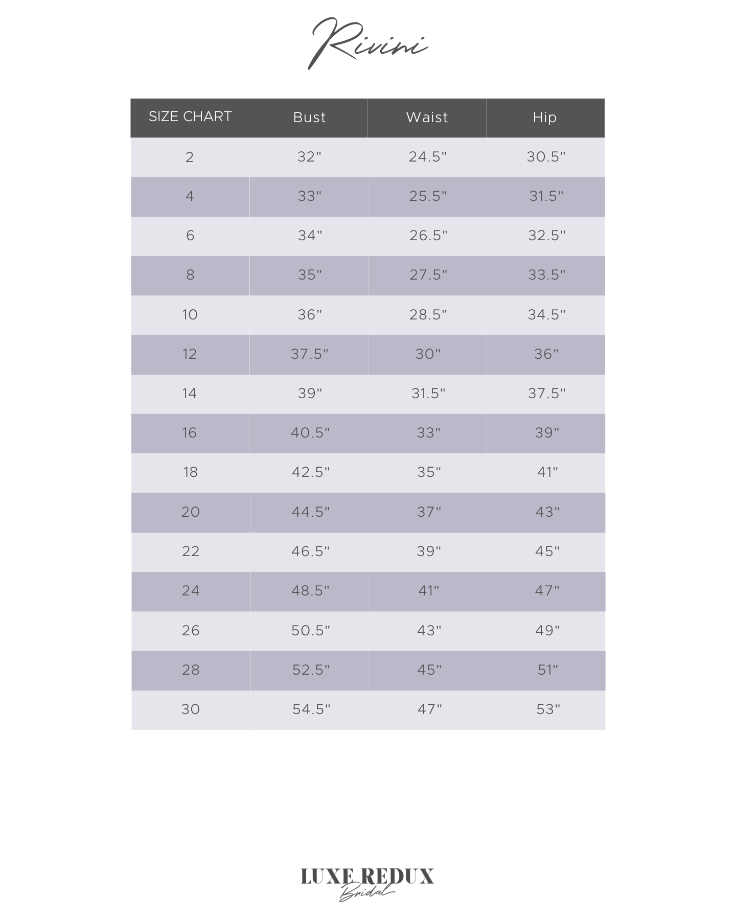 Rivini Fawcett - Size 14 Size Chart