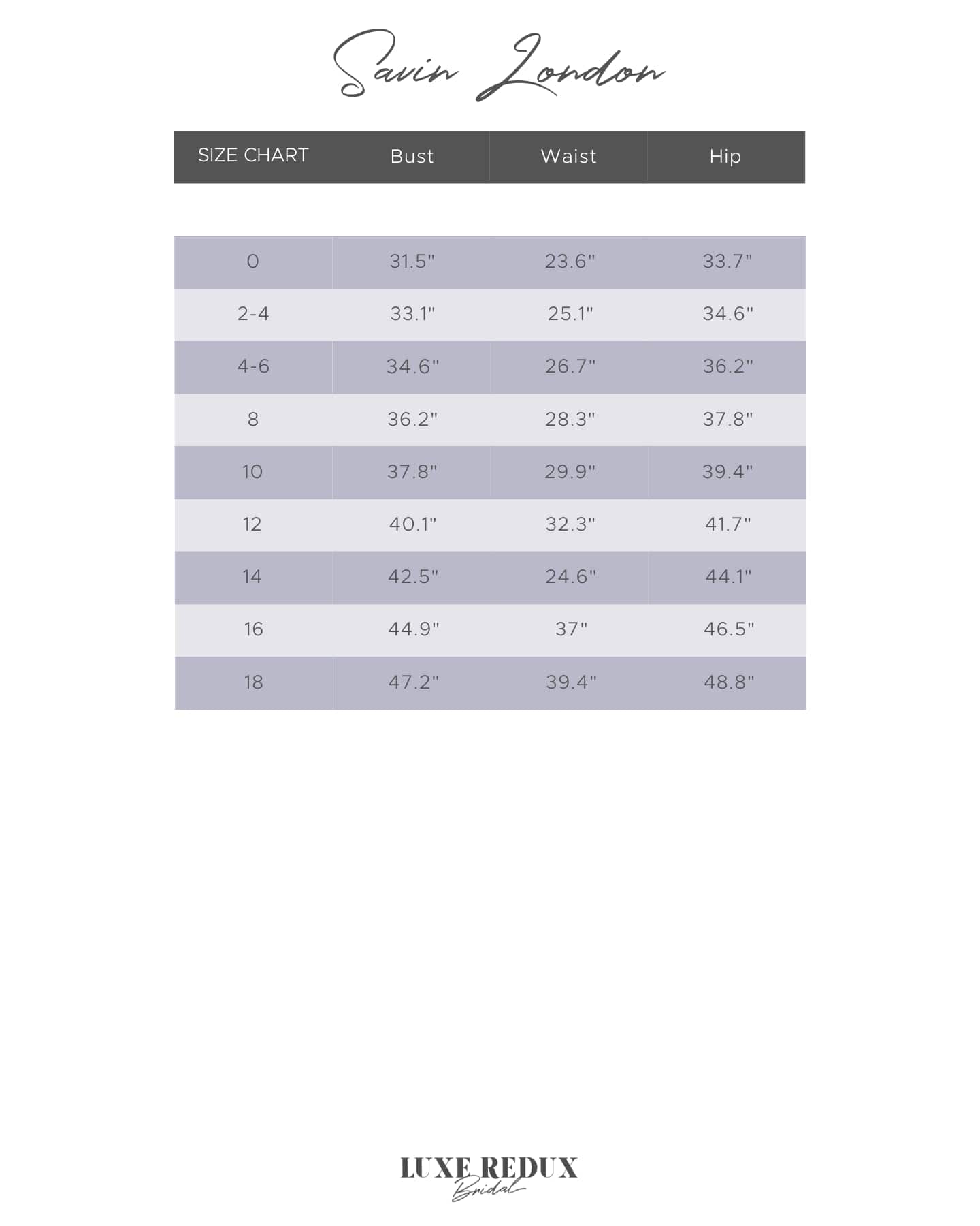 Savin London Vera - Size 12 Size Chart