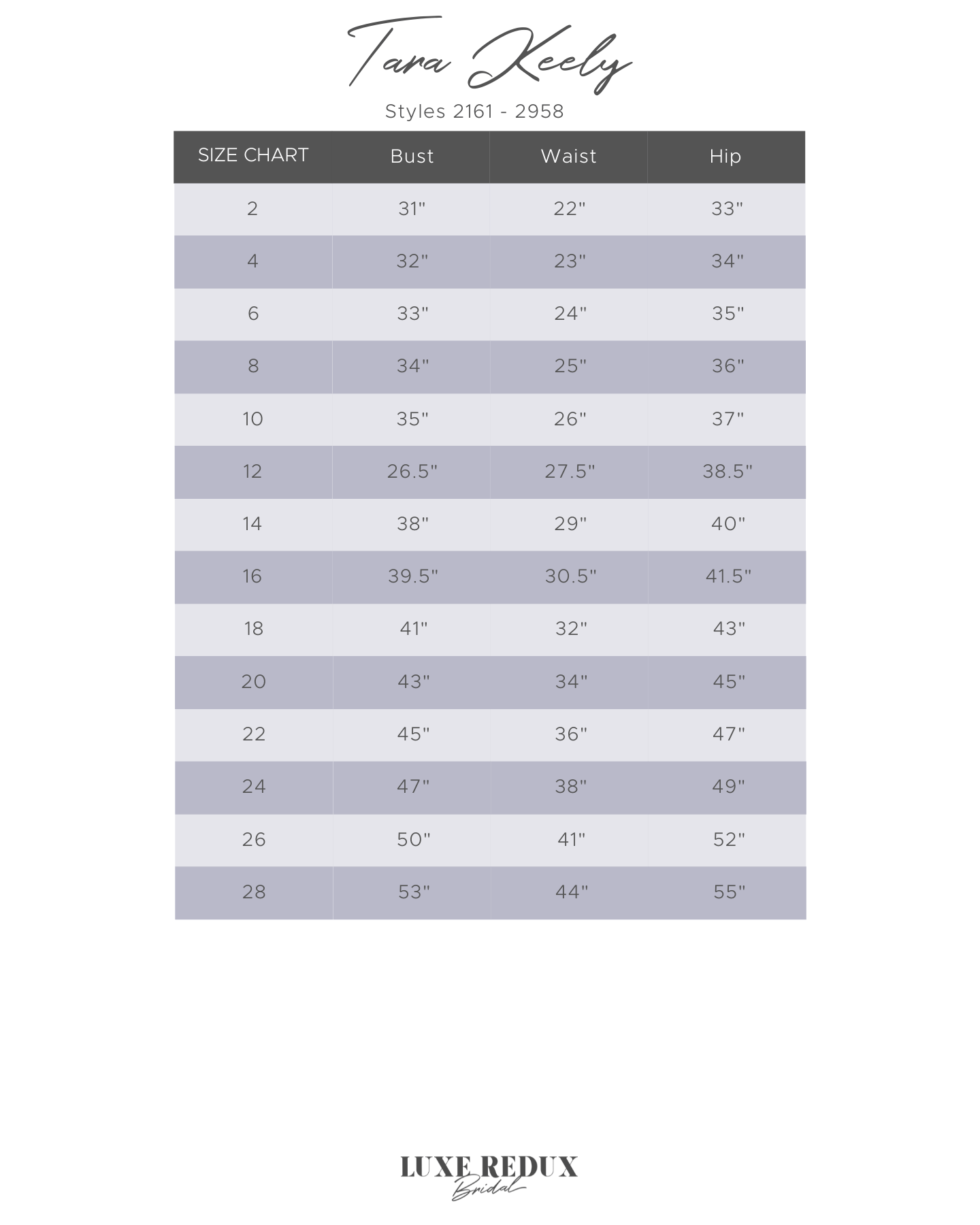 Tara Keely Sofia - Size 18 Size Chart