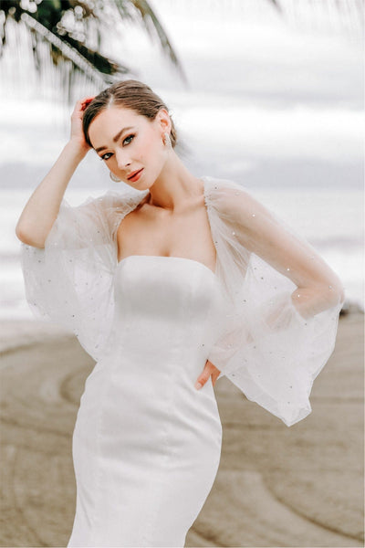 Long Sleeve Illusion lace Top Detachable Overskirt Wedding Dresses, AB –  AlineBridal