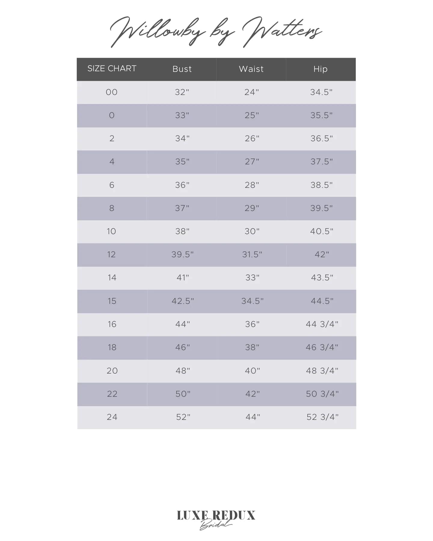 Willowby by Watters Lenox - Size 14 Size Chart